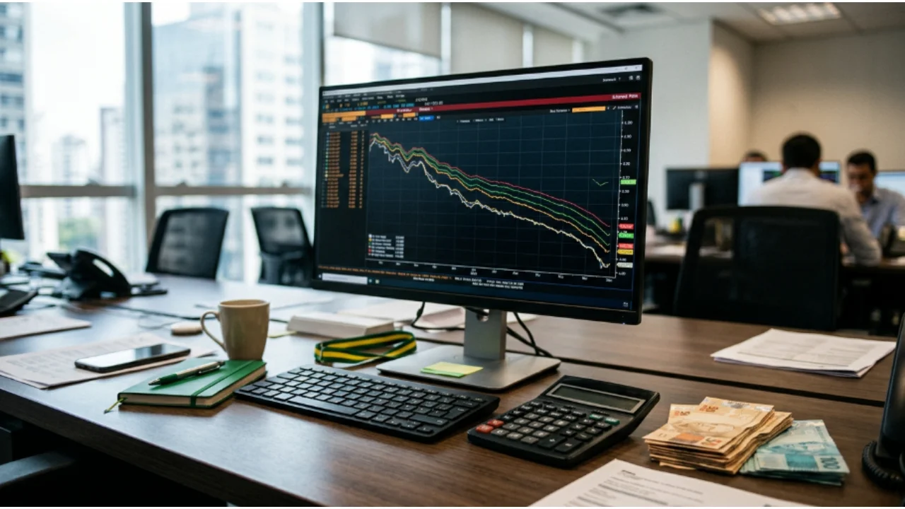 Monitor de computador em mesa de investimentos exibindo gráfico de curva de juros em movimento de queda com cédulas de Real ao lado.