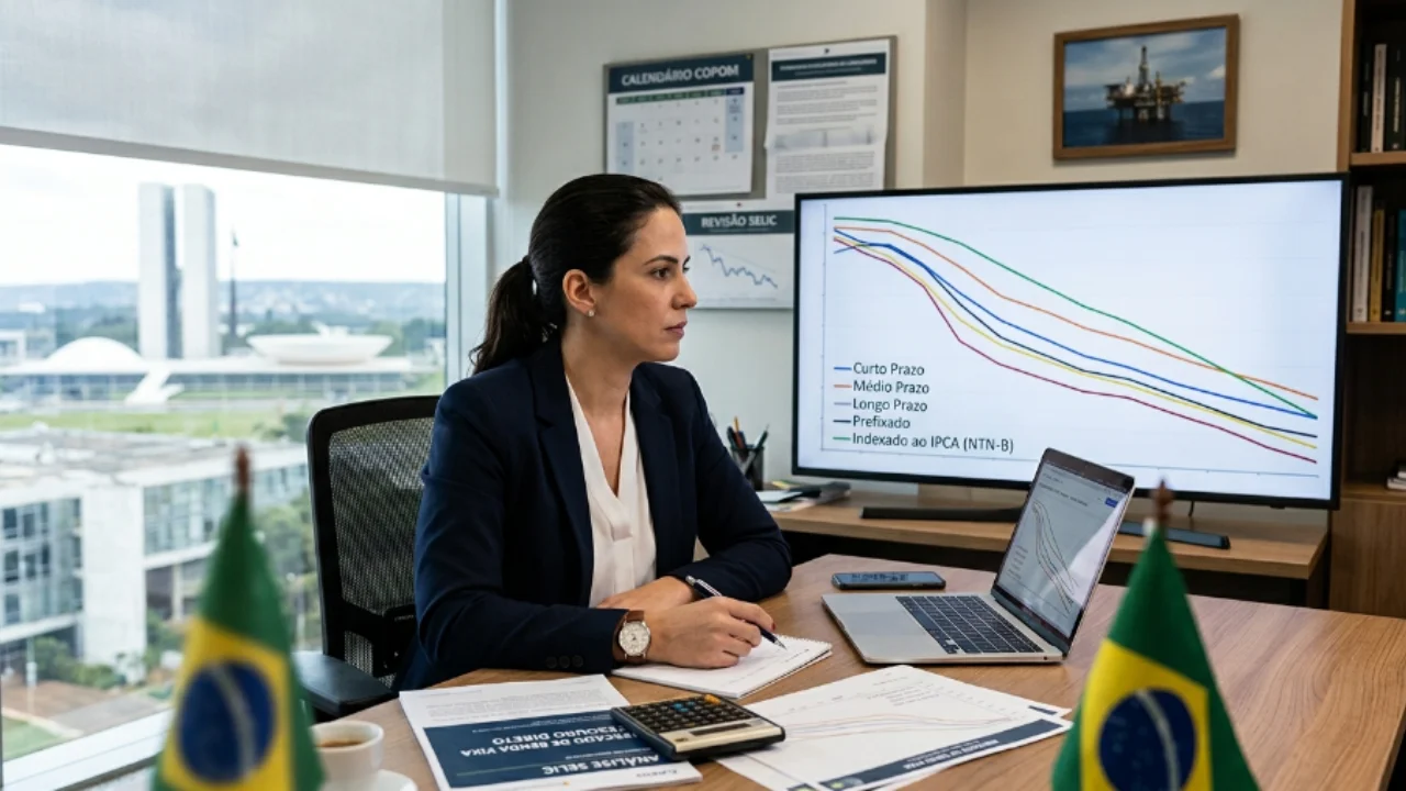 Economista sentada em mesa de escritório com vista panorâmica para o Congresso Nacional em Brasília. A profissional observa uma grande tela de monitor que exibe um gráfico com cinco linhas de curvas de juros em trajetória descendente, identificadas como "Curto Prazo", "Médio Prazo", "Longo Prazo", "Prefixado" e "Indexado ao IPCA (NTN-B)". Na parede ao fundo, há papéis afixados com as inscrições "CALENDÁRIO COPOM" e "REVISÃO SELIC". Sobre a mesa, veem-se documentos com o título "ANÁLISE SELIC", notebook, calculadora e duas pequenas bandeiras do Brasil.