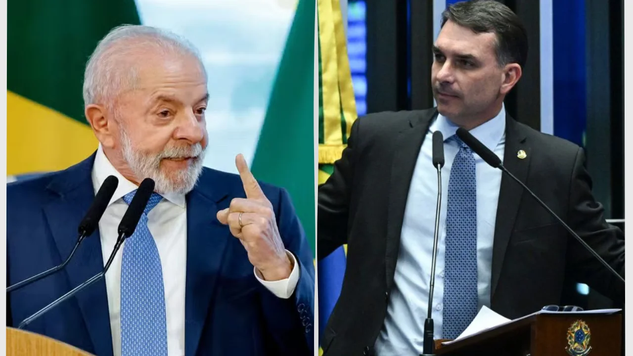 Montagem com foto do presidente Luiz Inácio Lula da Silva à esquerda e do senador Flávio Bolsonaro discursando no Senado à direita.