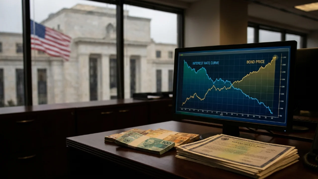 Monitor com gráficos de curva de juros e preços de títulos em mesa com cédulas de reais e bandeira dos EUA ao fundo.