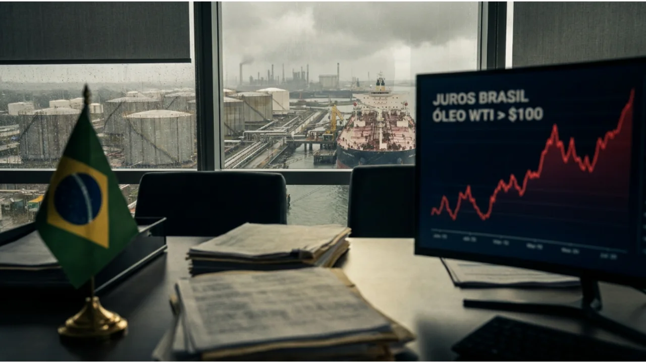 Mesa de escritório com bandeira do Brasil e monitor exibindo gráfico de juros com a frase "JUROS BRASIL ÓLEO WTI > $100" em frente a uma janela com vista para navio petroleiro e refinaria.