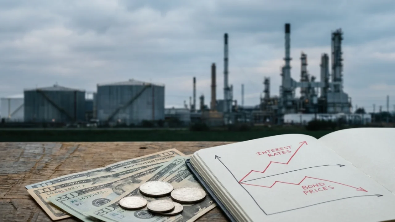 Gráfico em bloco de notas explicando a relação entre alta de juros e queda nos preços dos títulos, ao lado de cédulas em dólar e refinaria de petróleo ao fundo.