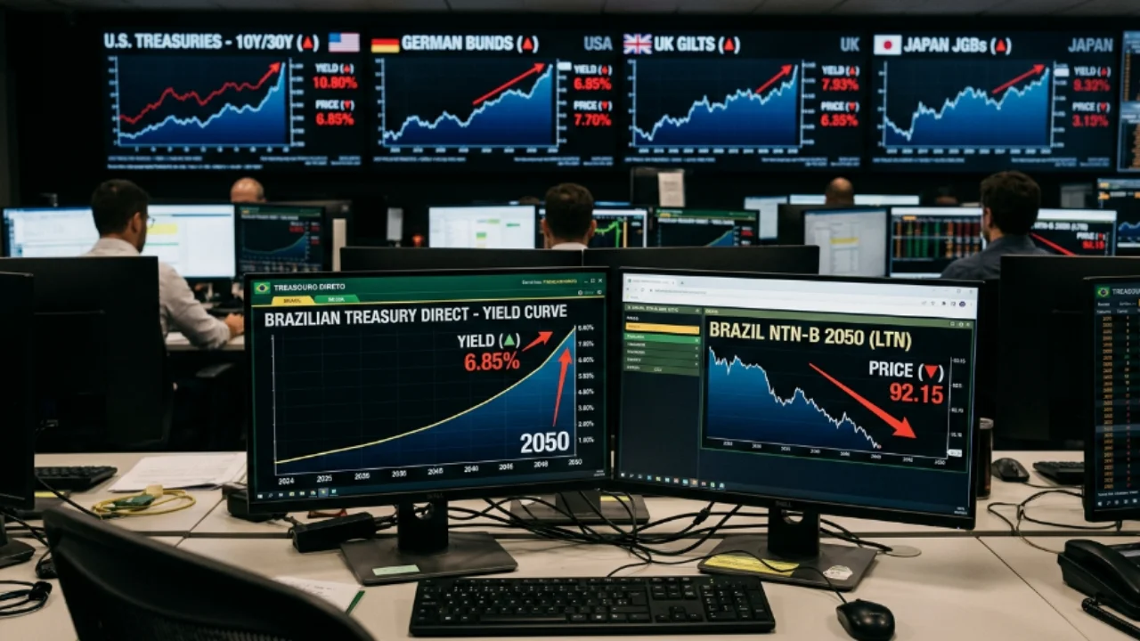 Monitores de uma sala de trading exibindo curva de juros do Tesouro Direto e título NTN-B 2050 com taxas em alta.