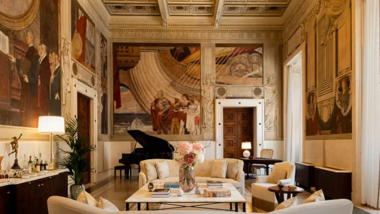Salão de hotel de luxo com pé-direito alto, pinturas murais monumentais nas paredes, piano de cauda, sofás claros, mesa de centro com flores e decoração clássica.