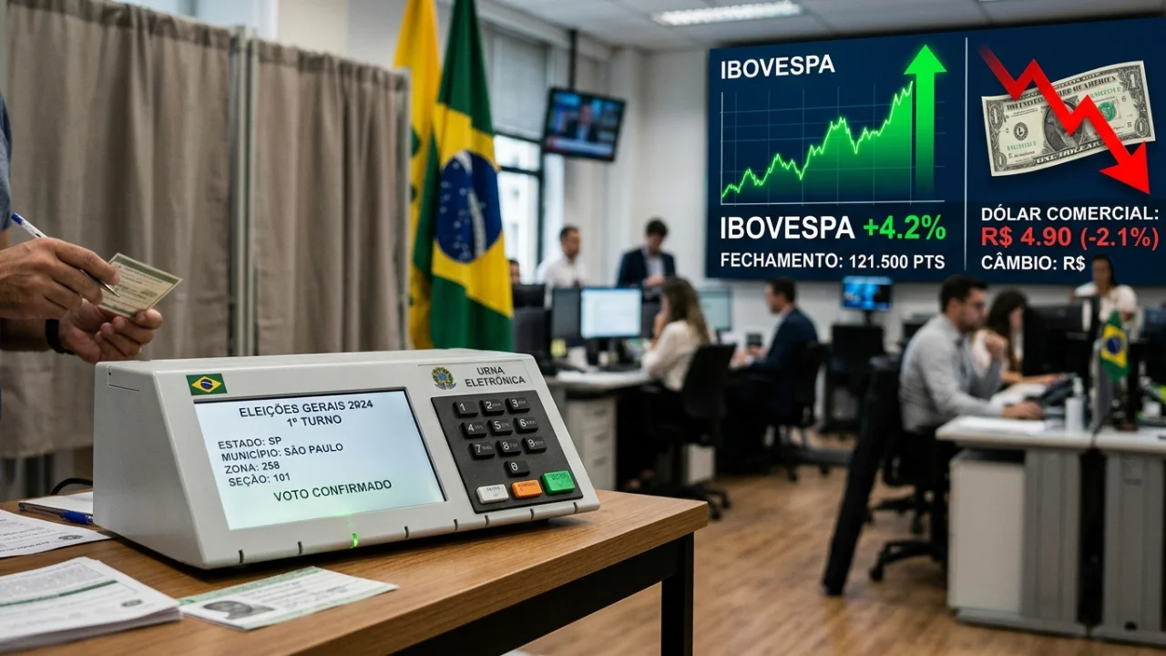 Urna eletrônica ao lado de painel que exibe alta do Ibovespa e queda do dólar em matéria sobre a reação do mercado após o primeiro turno das eleições de 2026.