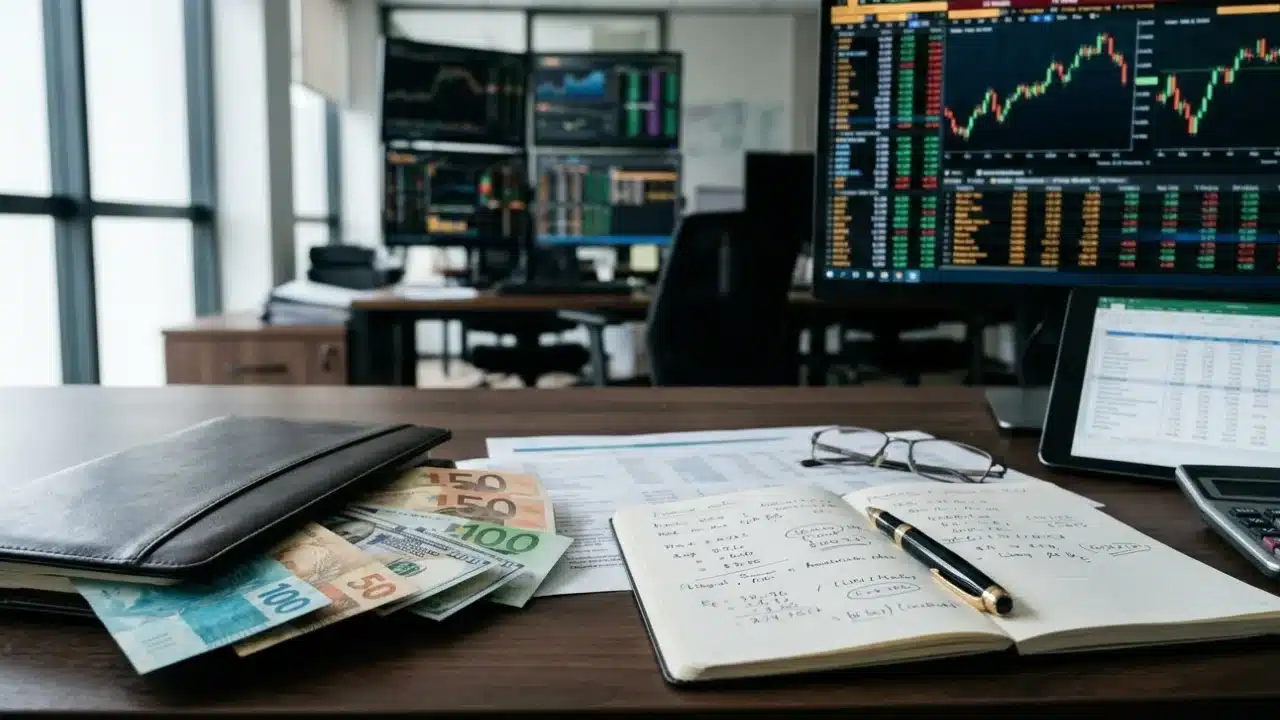 Mesa de trabalho corporativa em escritório de investimentos com cédulas de reais, dólares e euros ao lado de um caderno aberto com anotações e múltiplos monitores ao fundo exibindo gráficos do mercado financeiro.