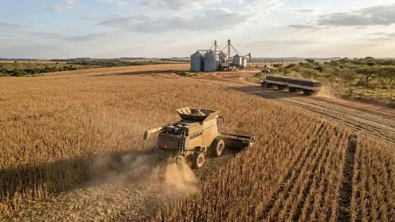 Vista aérea de uma colheitadeira trabalhando em uma vasta lavoura agrícola, com caminhão carregado trafegando por uma estrada de terra ao lado e silos de armazenamento ao fundo sob luz do entardecer.