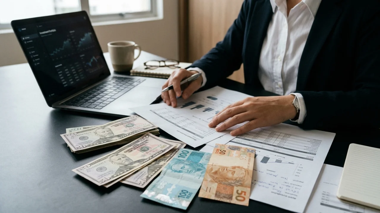 Investidor ou analista em traje formal analisando relatórios impressos e tela de notebook com painel de investimentos, com cédulas de dólares americanos e reais brasileiros organizadas sobre a mesa de trabalho.