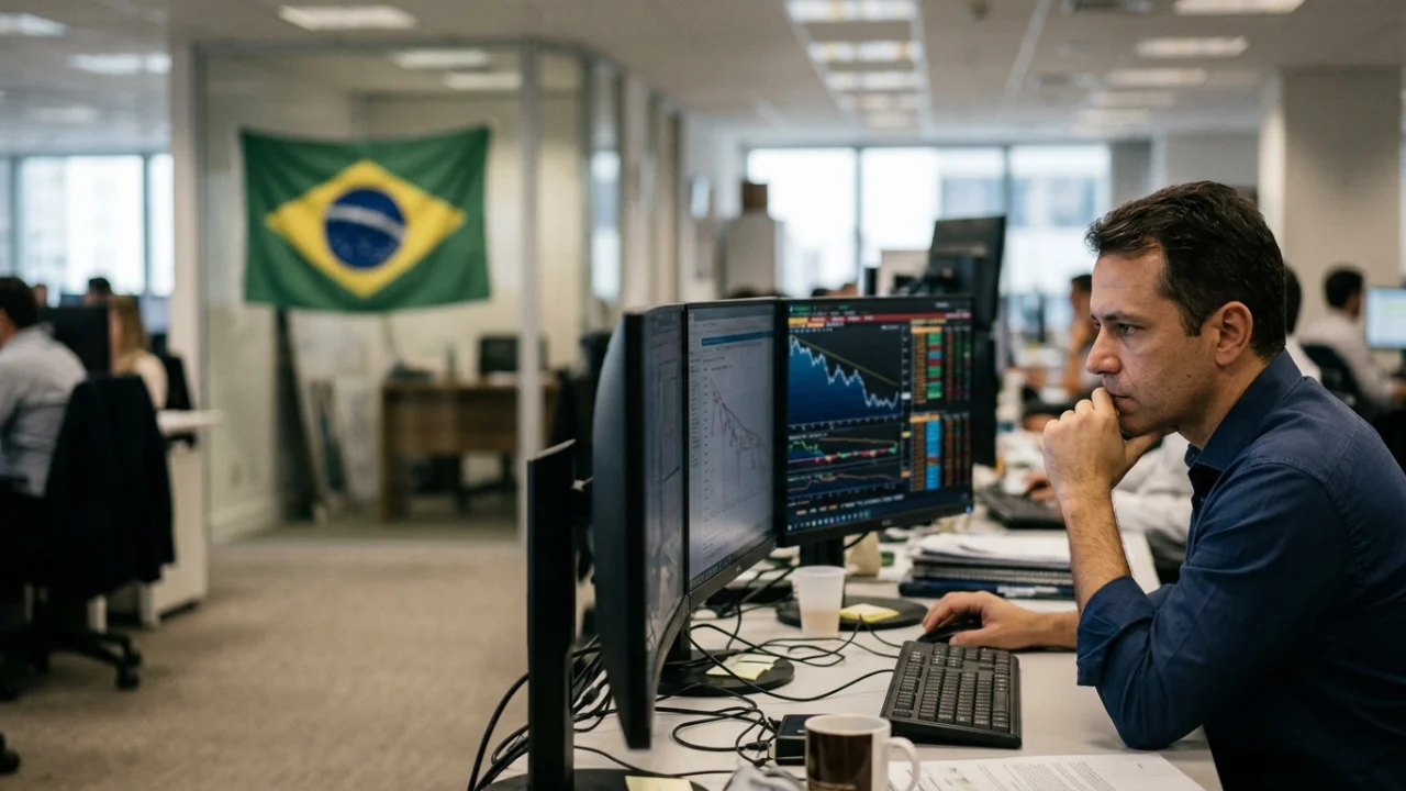 Operador do mercado financeiro analisa telas com queda da curva de juros em mesa de trading com bandeira do Brasil ao fundo.