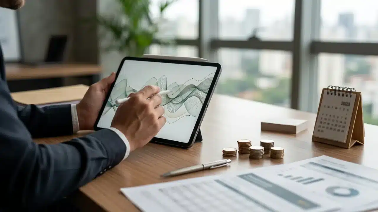 Investidor analisa gráficos de alocação em tablet com moedas e calendário sobre a mesa para pauta de oportunidades na renda fixa até dezembro de 2026.