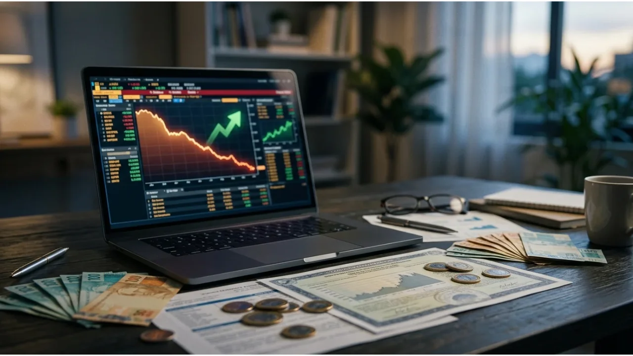 Notebook com gráfico de queda nas taxas do Tesouro Direto e seta de valorização dos títulos públicos sobre a mesa.