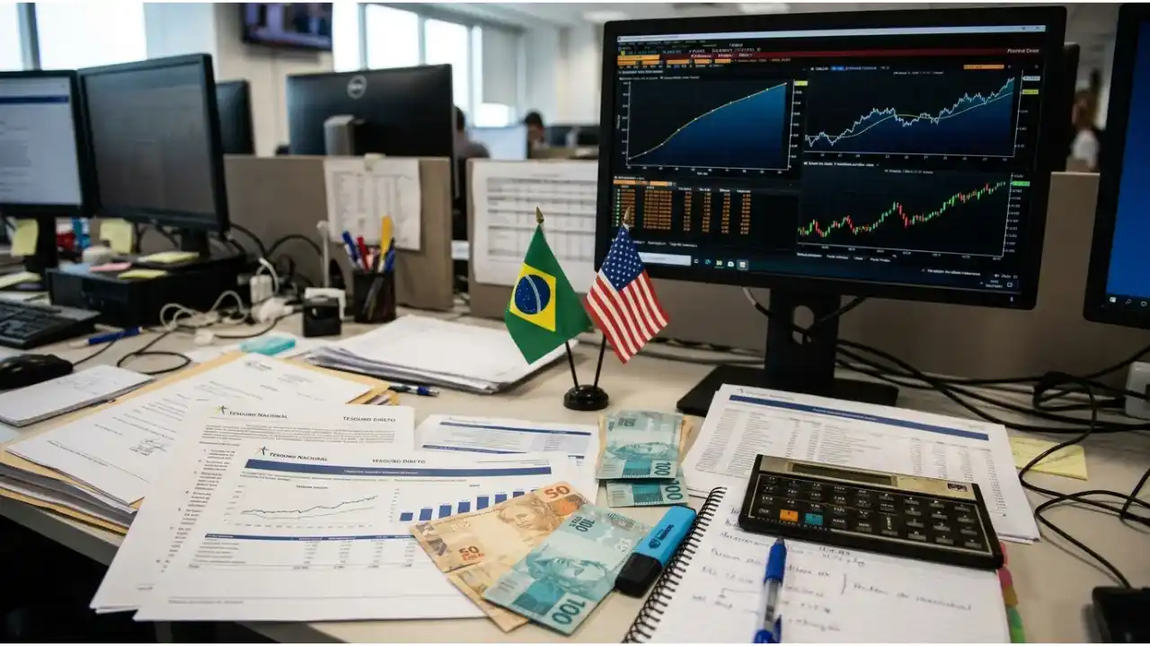 Mesa de trabalho de mercado financeiro com telas exibindo gráficos de cotação e bandeiras do Brasil e dos Estados Unidos, ao lado de notas de Real, calculadora e documentos sobre o Tesouro Direto.