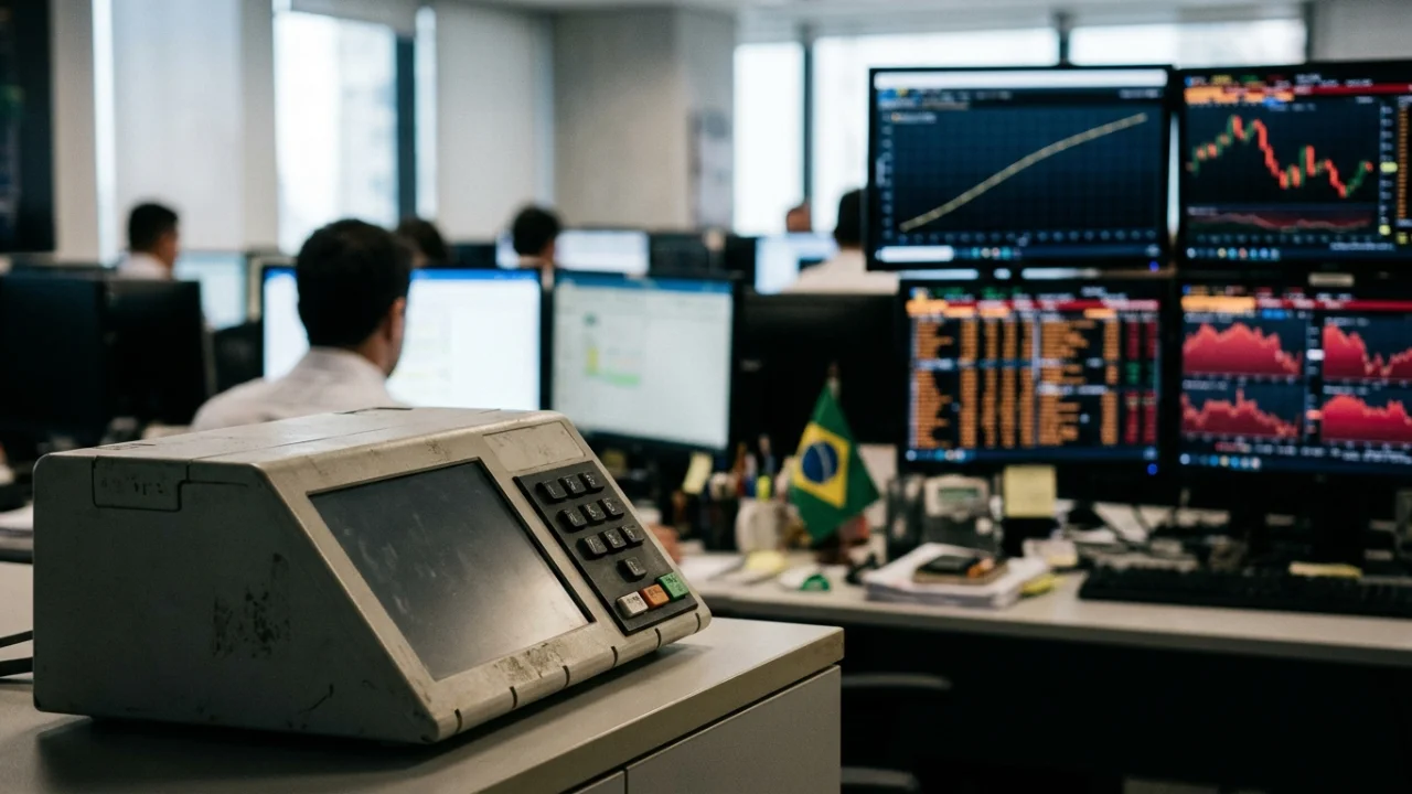 Urna eletrônica em primeiro plano sobre uma mesa em sala de operações financeiras, com monitores exibindo gráficos de cotações e bandeira do Brasil ao fundo, ilustrando a alta nas taxas do Tesouro Direto devido à disputa eleitoral.