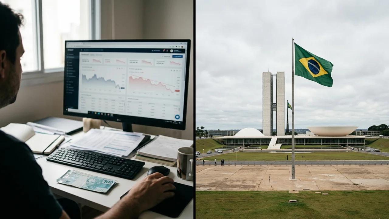 Composição em tela dividida mostrando à esquerda um investidor analisando gráficos de renda fixa no computador com notas de real sobre a mesa, e à direita o Congresso Nacional em Brasília com a bandeira do Brasil hasteada sob céu nublado.
